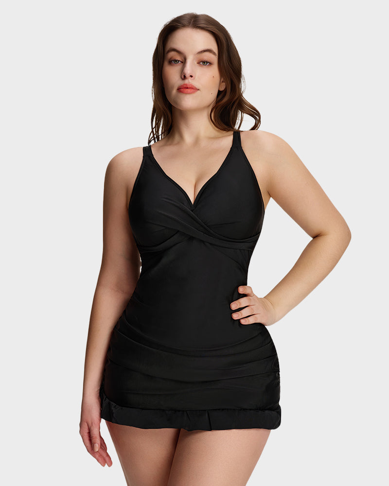 Deep V Cross-Back Ruched One-Piece Swimsuit - Black