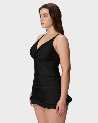 Deep V Cross-Back Ruched One-Piece Swimsuit - Black