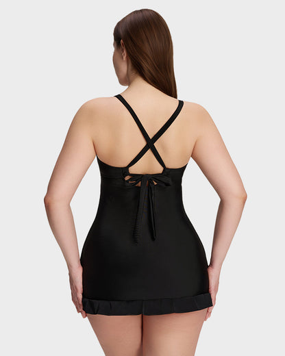 Deep V Cross-Back Ruched One-Piece Swimsuit - Black