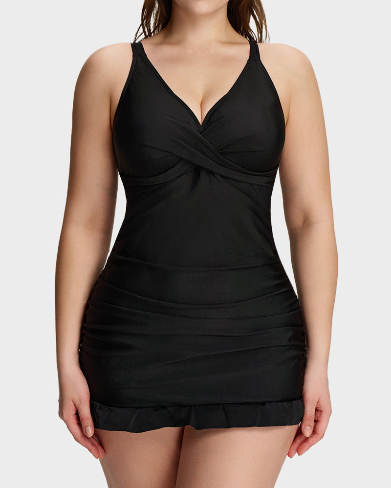 Deep V Cross-Back Ruched One-Piece Swimsuit - Black