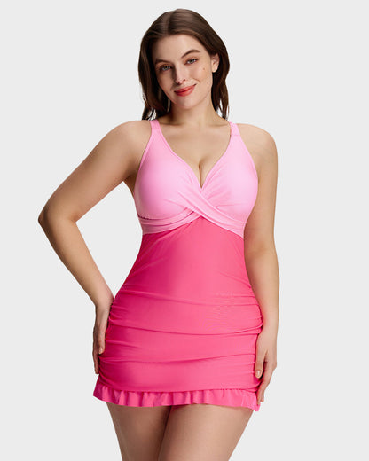 Deep V Cross-Back Ruched One-Piece Swimsuit - Pink