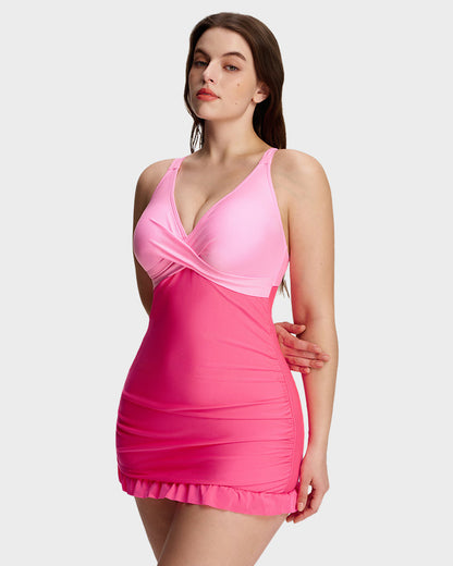 Deep V Cross-Back Ruched One-Piece Swimsuit - Pink