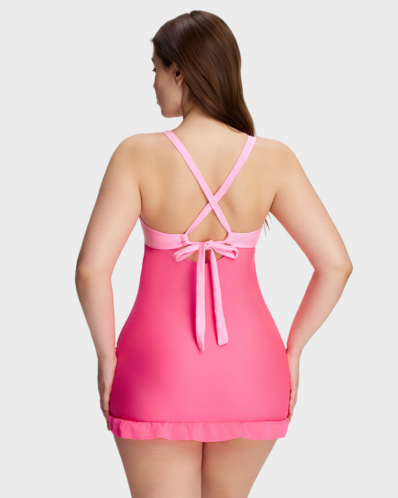 Deep V Cross-Back Ruched One-Piece Swimsuit - Pink