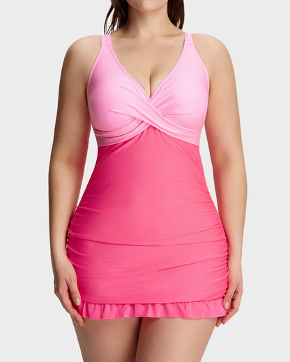 Deep V Cross-Back Ruched One-Piece Swimsuit - Pink Two tone