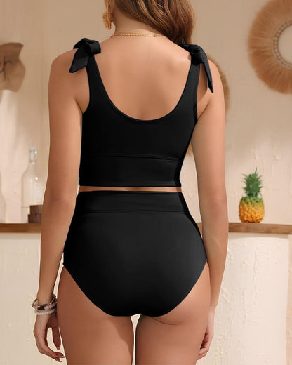 Double Tie Shoulder High Waist Tummy Control Bikini Set - Black