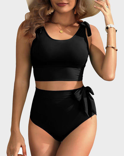 Double Tie Shoulder High Waist Tummy Control Bikini Set - Black
