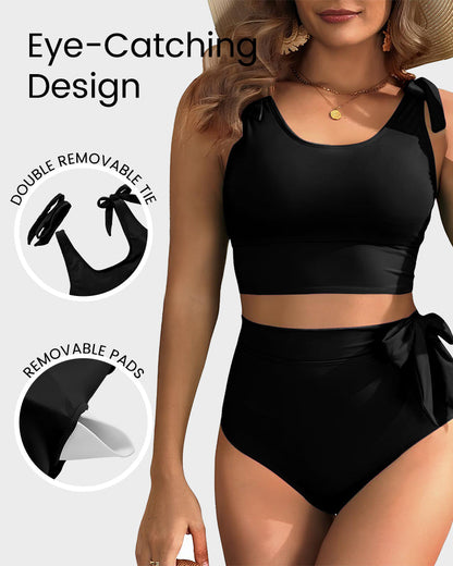 Double Tie Shoulder High Waist Tummy Control Bikini Set - Black