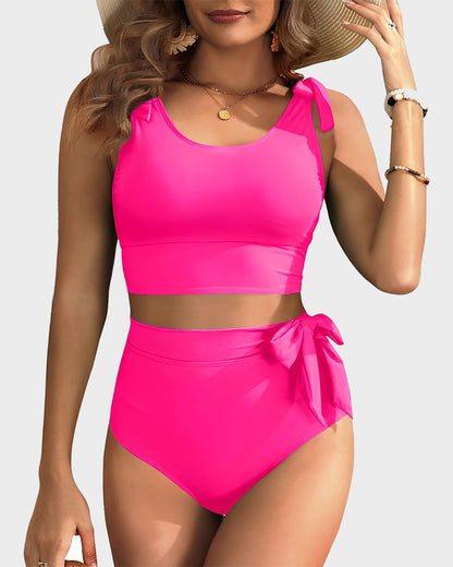 Double Tie Shoulder High Waist Tummy Control Bikini Set - Pink