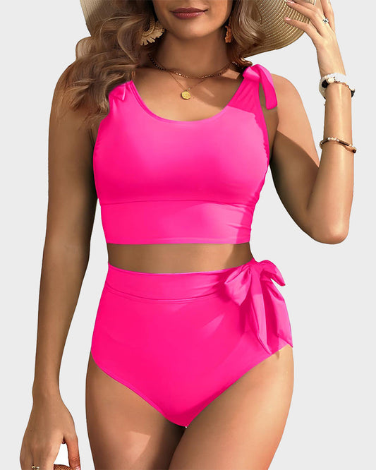 Double Tie Shoulder High Waist Tummy Control Bikini Set - Pink