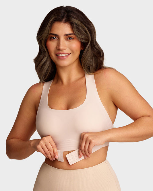 Front Closure Cross-Back Wireless Posture Bra - Nude