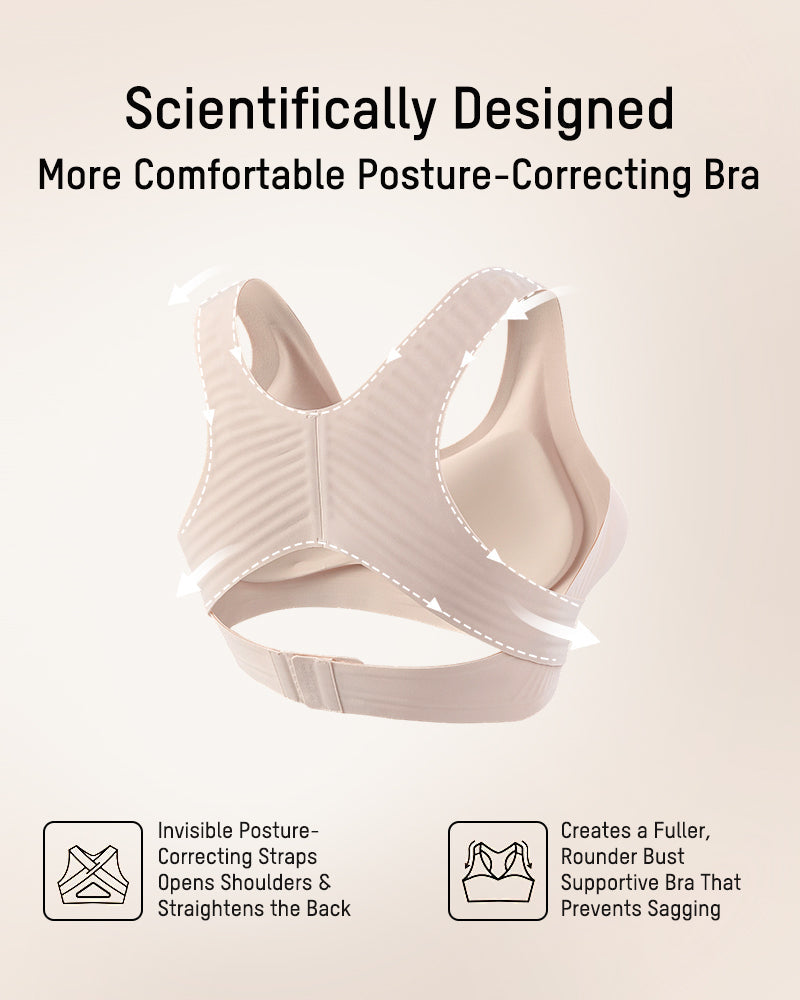 Front Closure Cross-Back Wireless Posture Bra - Nude