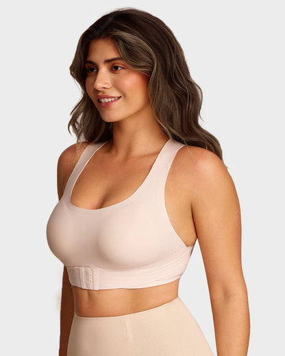 Front Closure Cross-Back Wireless Posture Bra - Nude