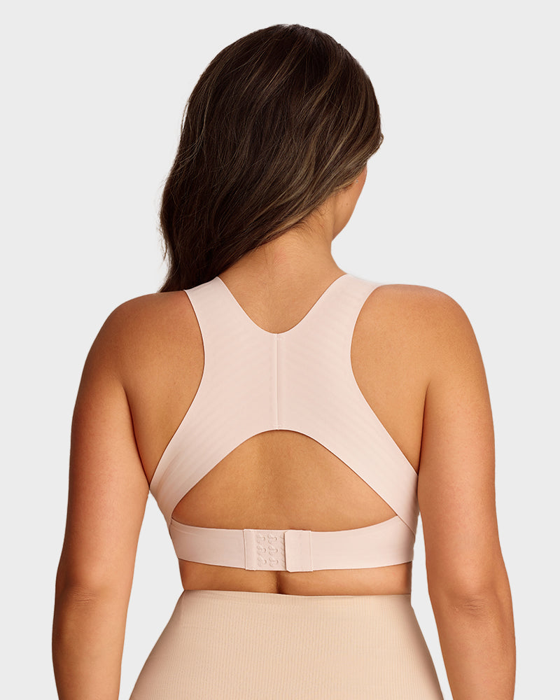 Front Closure Cross-Back Wireless Posture Bra - Nude