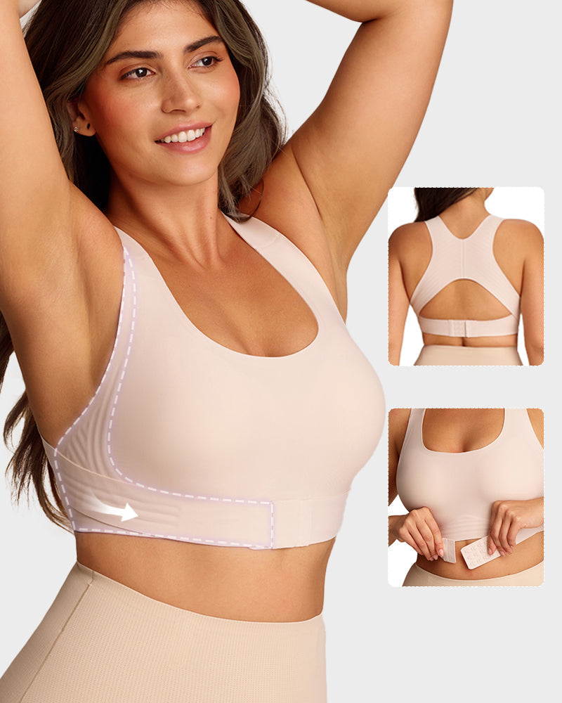 Front Closure Cross-Back Wireless Posture Bra - Nude