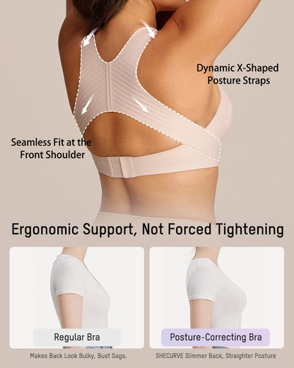 Front Closure Cross-Back Wireless Posture Bra - Nude