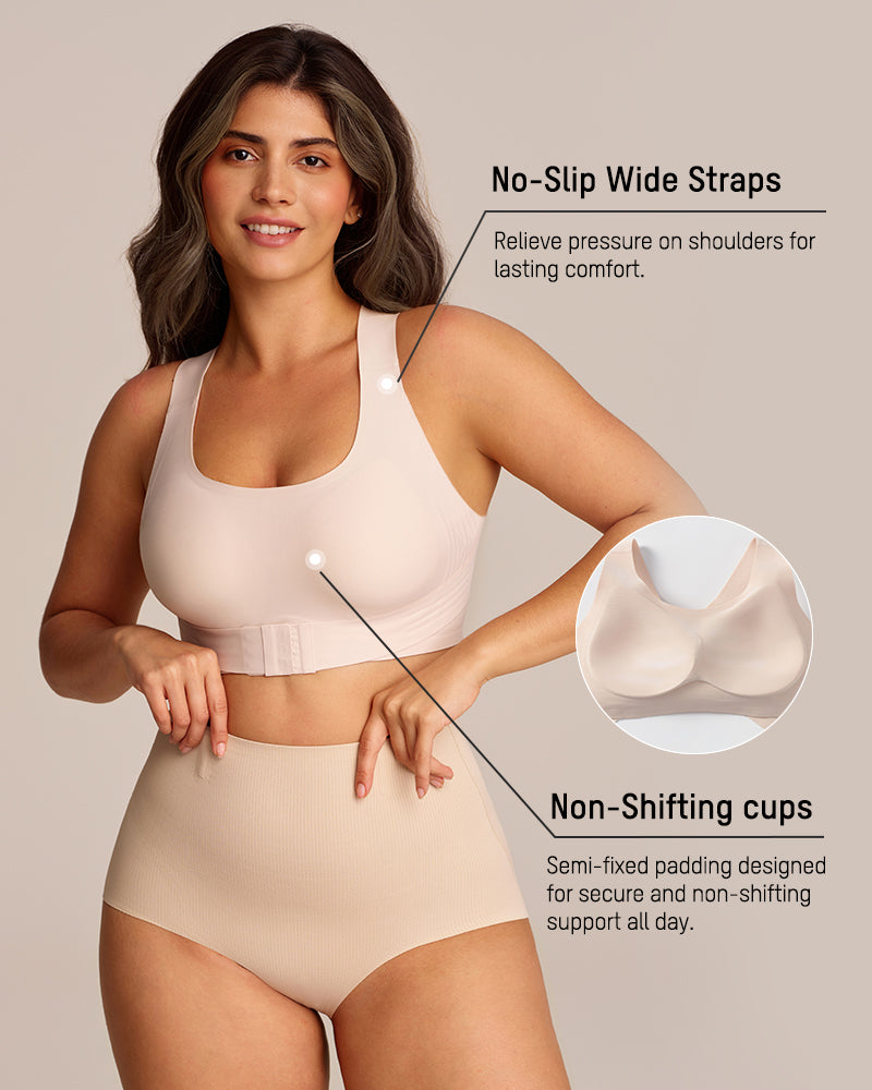 Front Closure Cross-Back Wireless Posture Bra - Nude