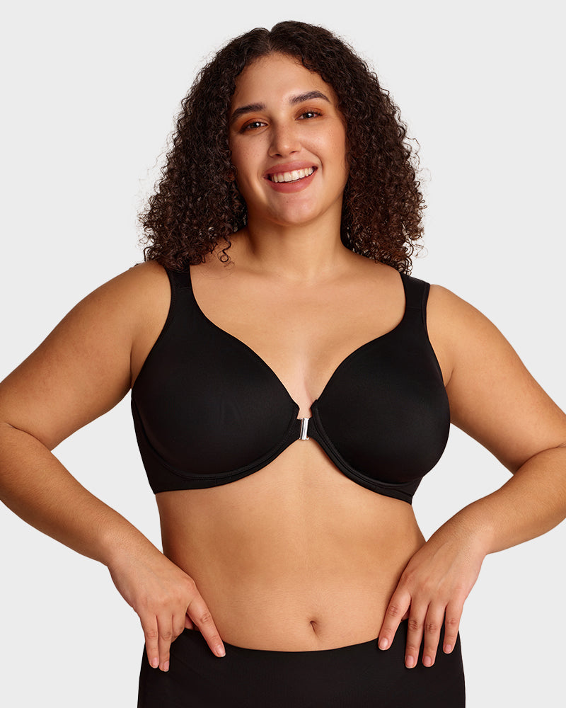 Front Closure Underwire Unlined Back Support Plunge Bra - Black