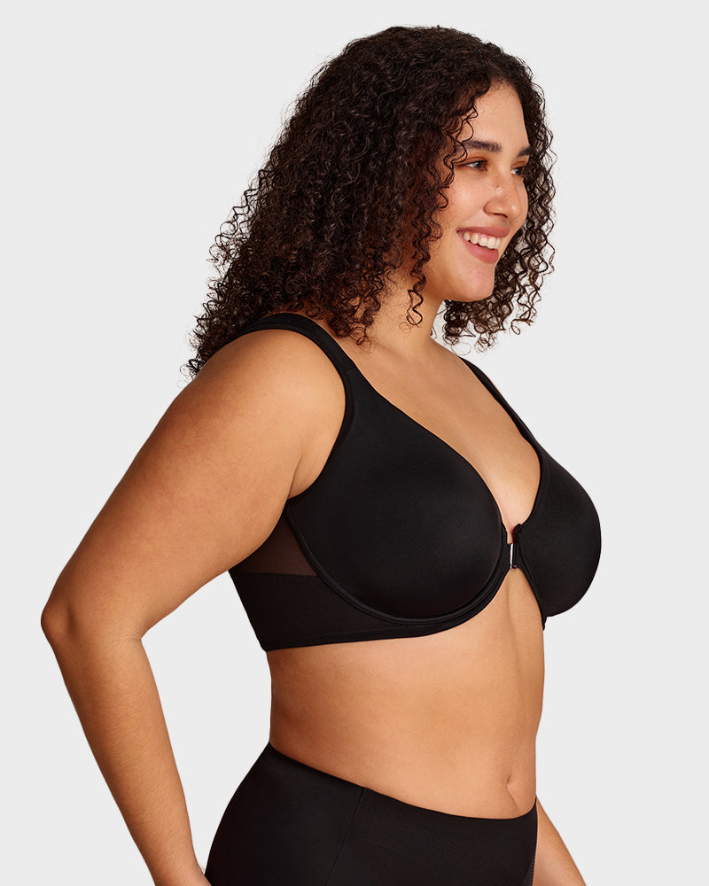 Front Closure Underwire Unlined Back Support Plunge Bra - Black