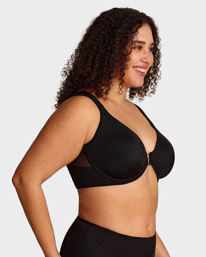 Front Closure Underwire Unlined Back Support Plunge Bra - Black