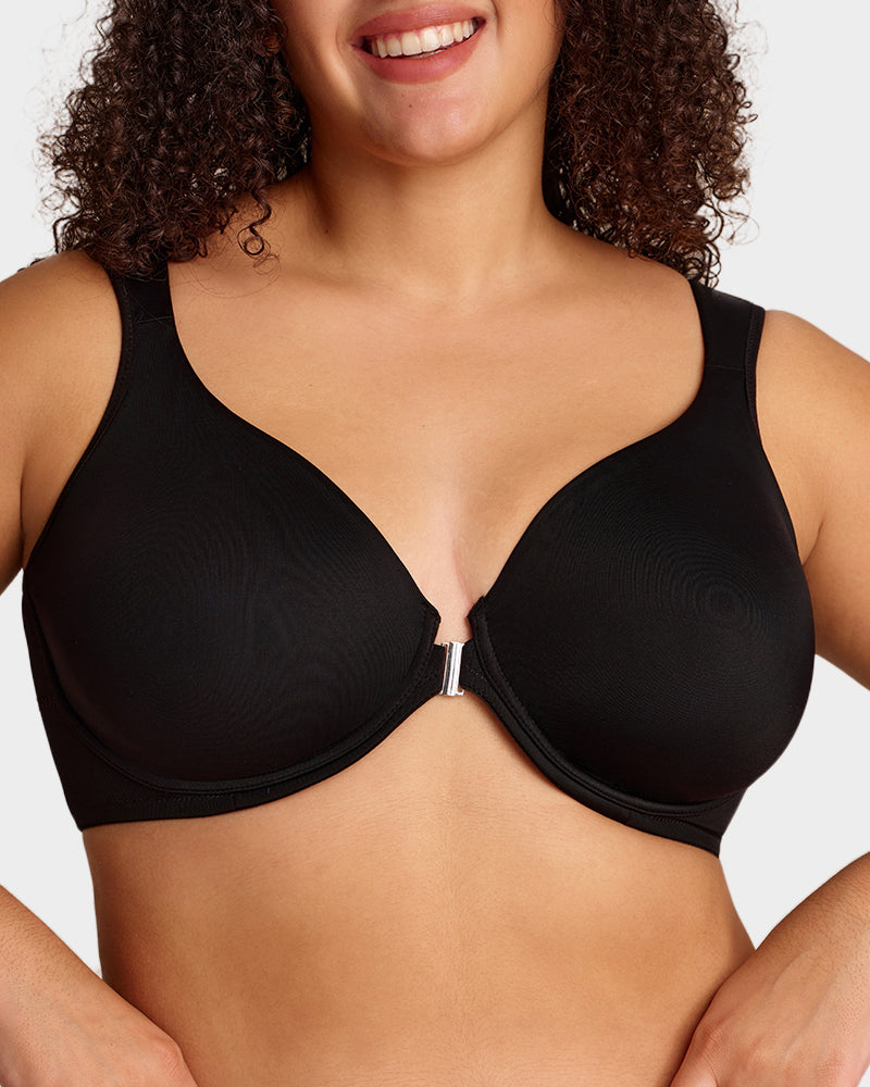 Front Closure Underwire Unlined Back Support Plunge Bra - Black