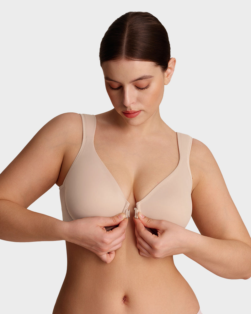 Front Closure Underwire Unlined Back Support Plunge Bra - Nude