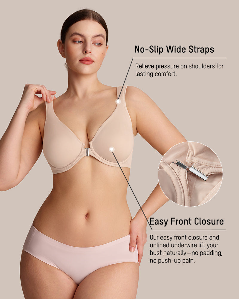 Front Closure Underwire Unlined Back Support Plunge Bra - Nude