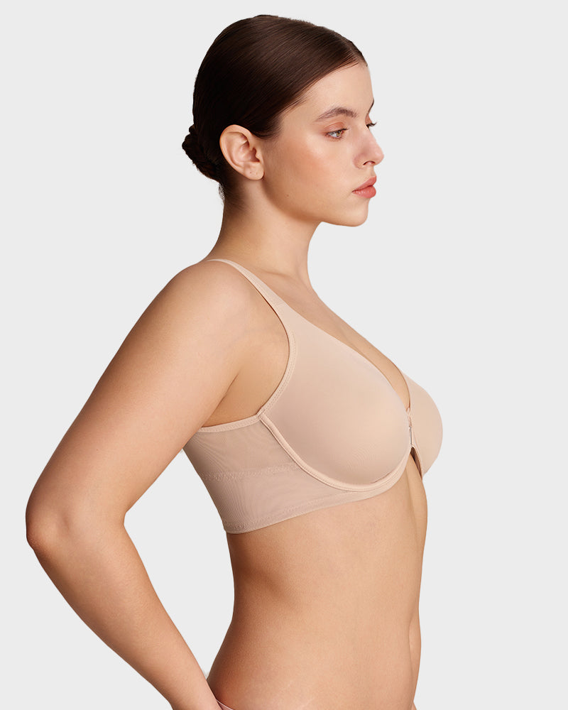 Front Closure Underwire Unlined Back Support Plunge Bra - Nude