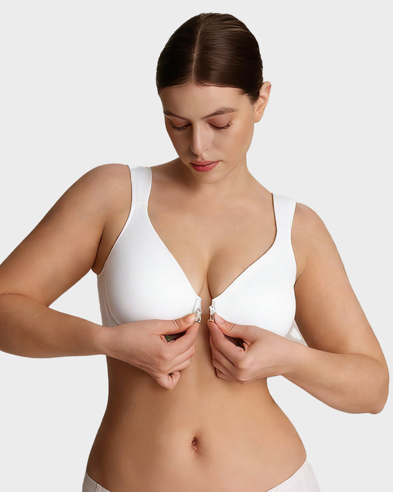Front Closure Underwire Unlined Back Support Plunge Bra - White