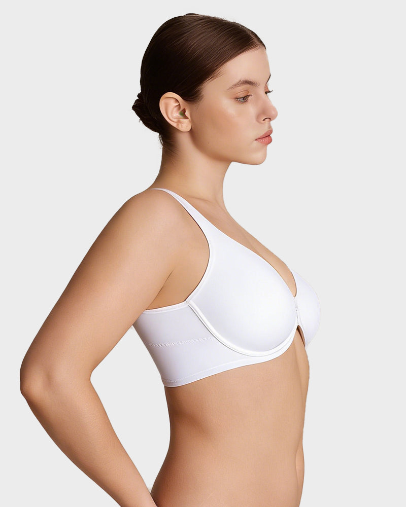 Front Closure Underwire Unlined Back Support Plunge Bra - White