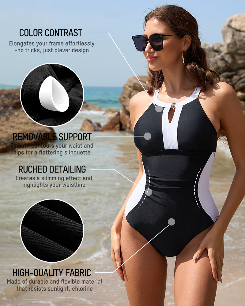 Full Coverage Retro Color Block Swimwear - Black
