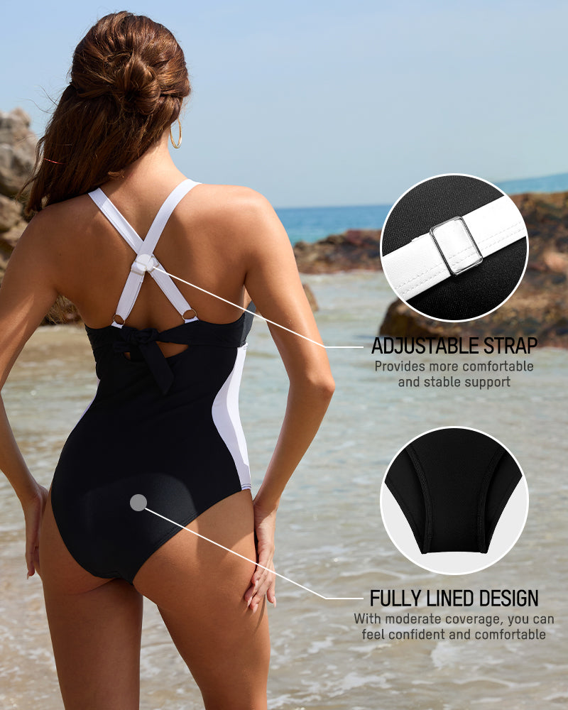 Full Coverage Retro Color Block Swimwear - Black