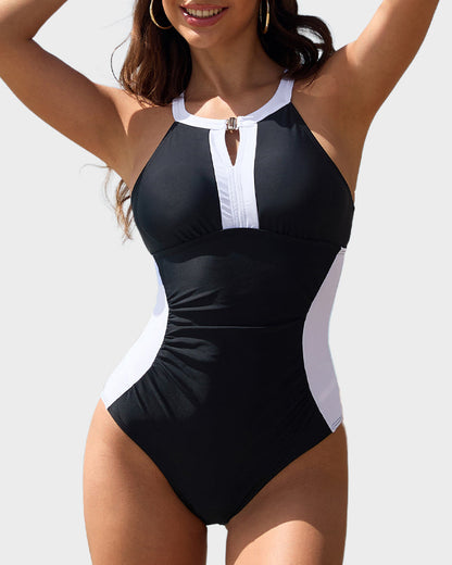 Full Coverage Retro Color Block Swimwear - Black