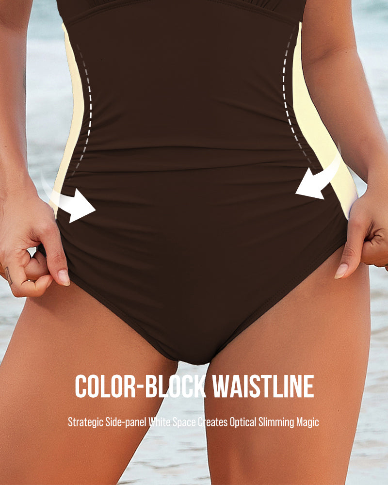 Full Coverage Retro Color Block Swimwear - Coffee