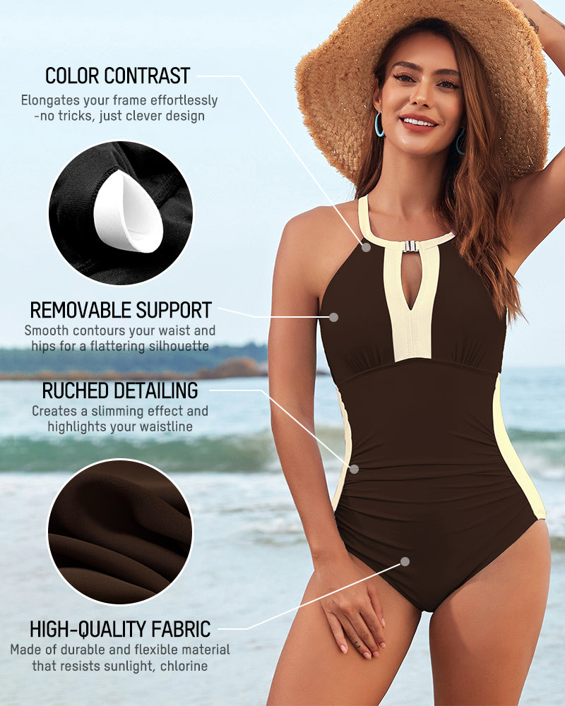Full Coverage Retro Color Block Swimwear - Coffee