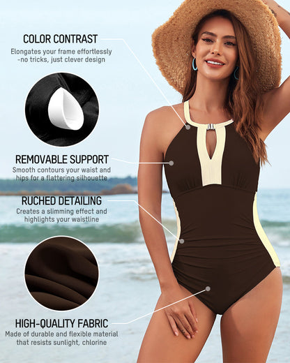 Full Coverage Retro Color Block Swimwear - Coffee
