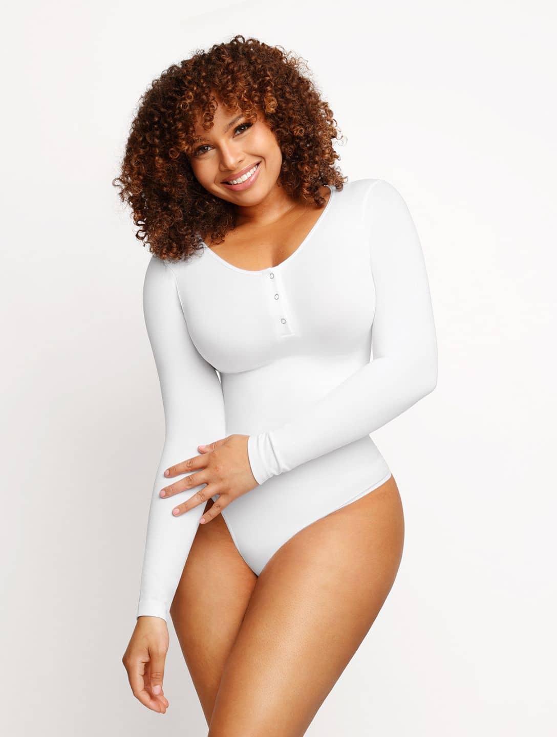 Seamless Long Sleeve Thong Bodysuit in white