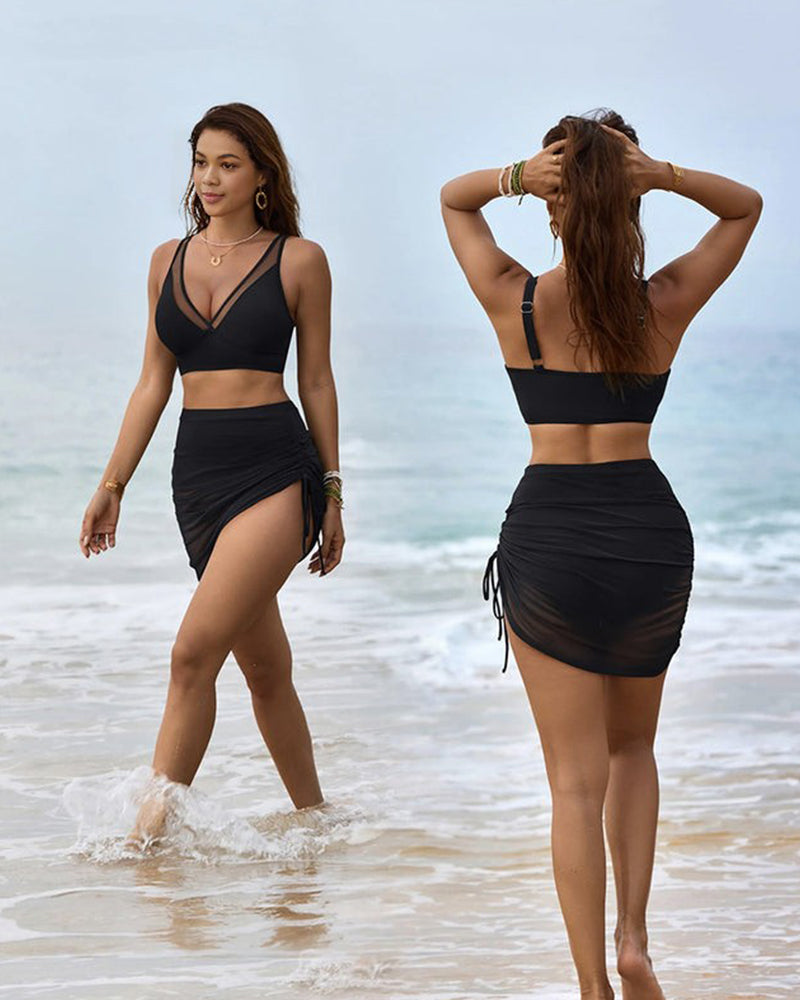 Mesh High Waisted Tummy Control Sarong Wraps Bikini Set - Black