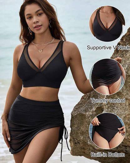 Mesh High Waisted Tummy Control Sarong Wraps Bikini Set - Black