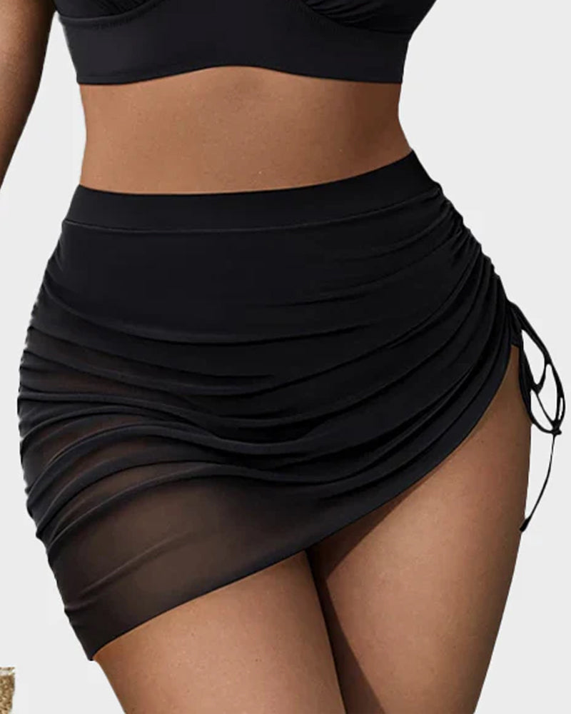 Mesh High Waisted Tummy Control Sarong Wraps Bikini Set - Black