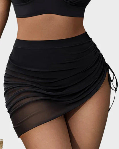 Mesh High Waisted Tummy Control Sarong Wraps Bikini Set - Black