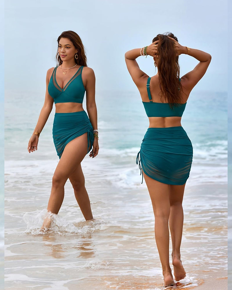 Mesh High Waisted Tummy Control Sarong Wraps Bikini Set - Blue
