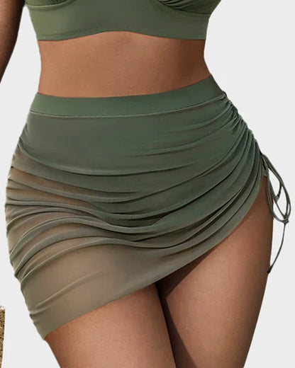 Mesh High Waisted Tummy Control Sarong Wraps Bikini Set - Green