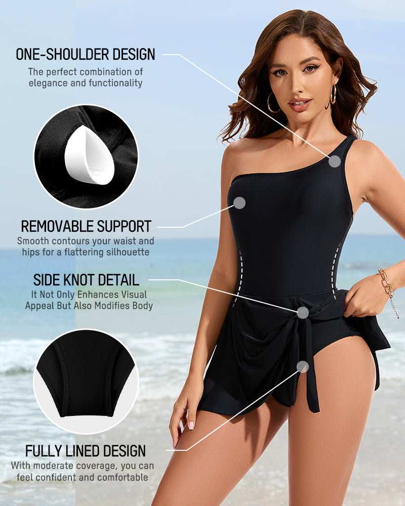 One Shoulder Skirted One Piece Swimsuit - Black