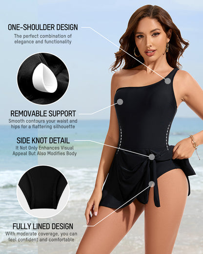One Shoulder Skirted One Piece Swimsuit - Black