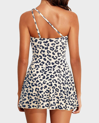 One Shoulder Skirted One Piece Swimsuit - Leopard