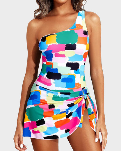 One Shoulder Skirted One Piece Swimsuit - Multicolor