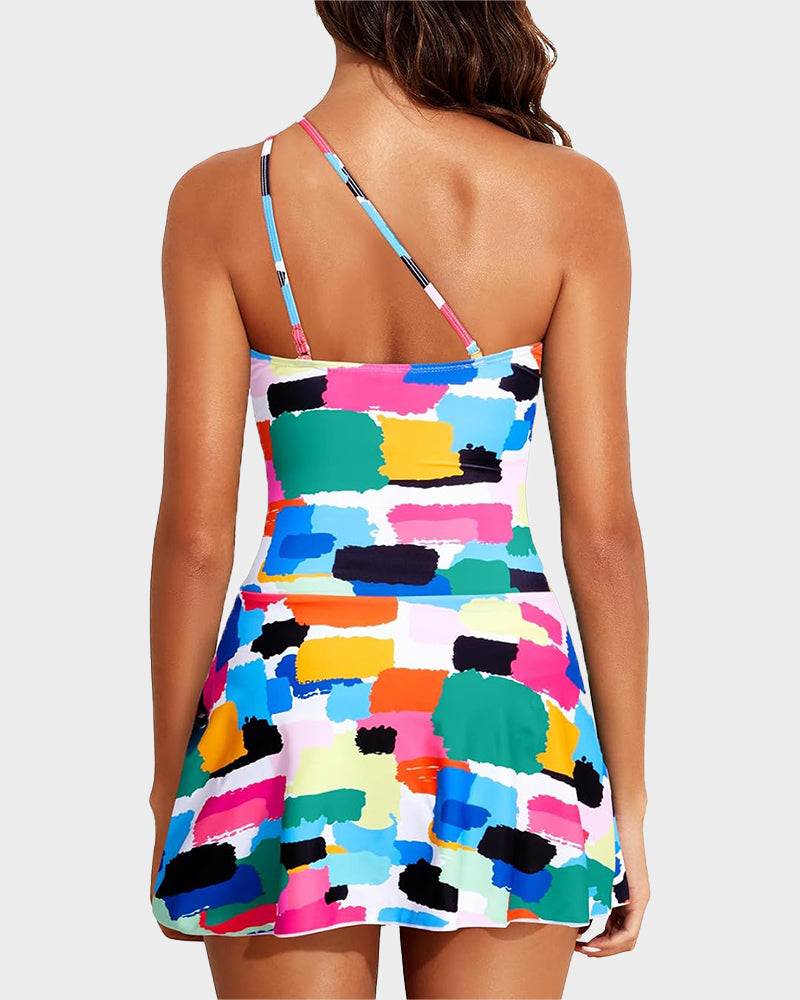 One Shoulder Skirted One Piece Swimsuit - Multicolor