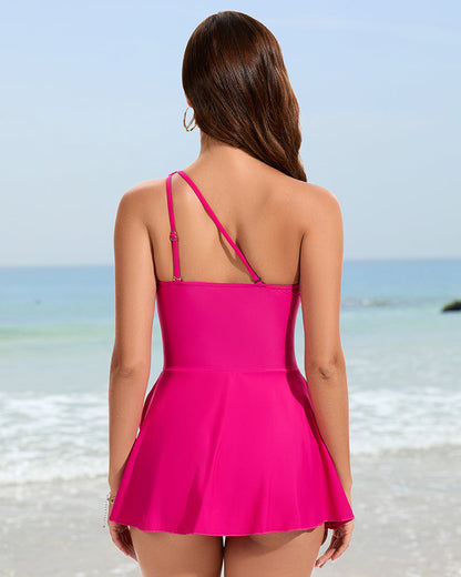 One Shoulder Skirted One Piece Swimsuit - Pink