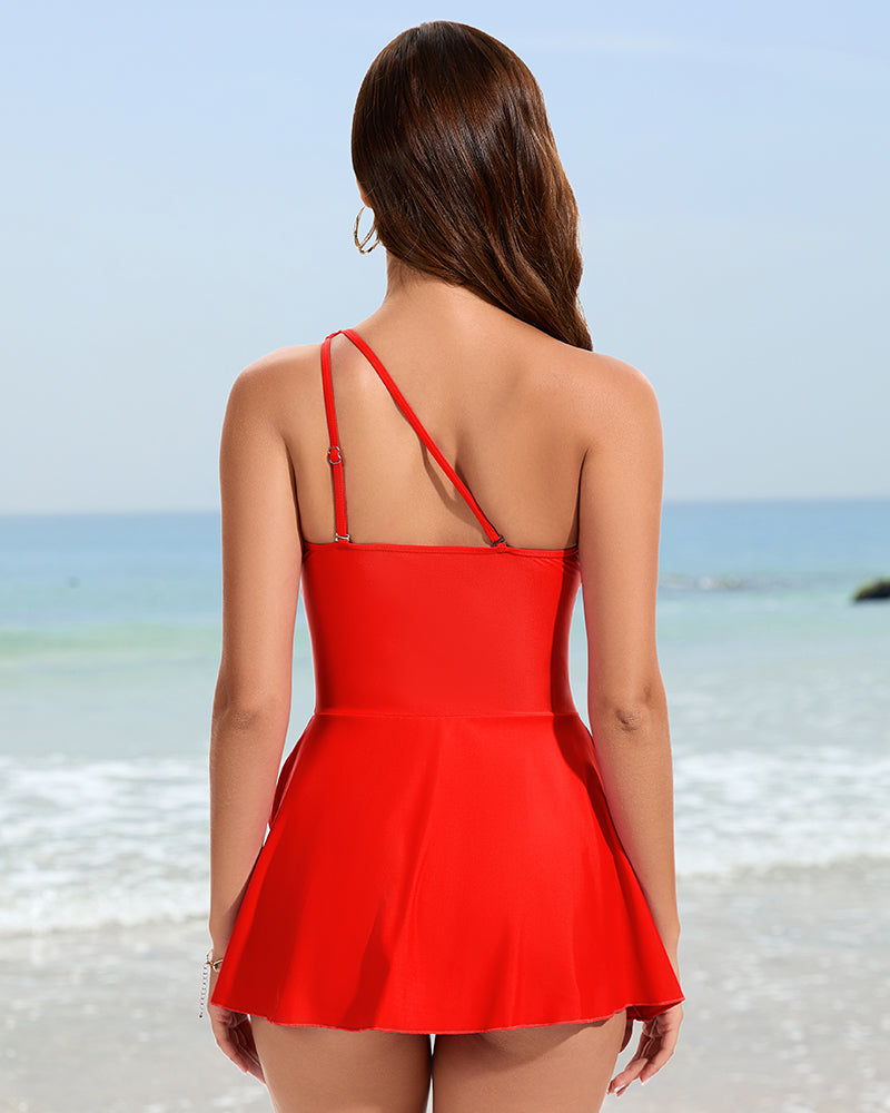 One Shoulder Skirted One Piece Swimsuit - Red
