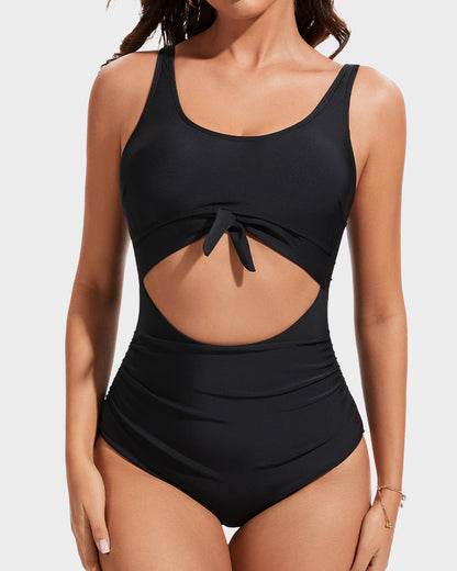 Ruched Tie-Knot Tummy Control One-Piece Swimsuit - Black